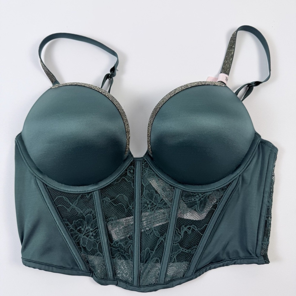 Victoria's Secret Very Sexy Green Lace Push Up Corset Top Shine Strap 34B *Read